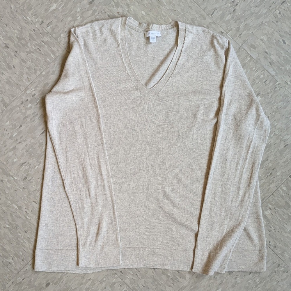 J. Jill Silk Cotton Blend V-Neck Sweater Oatmeal Beige Petite Medium